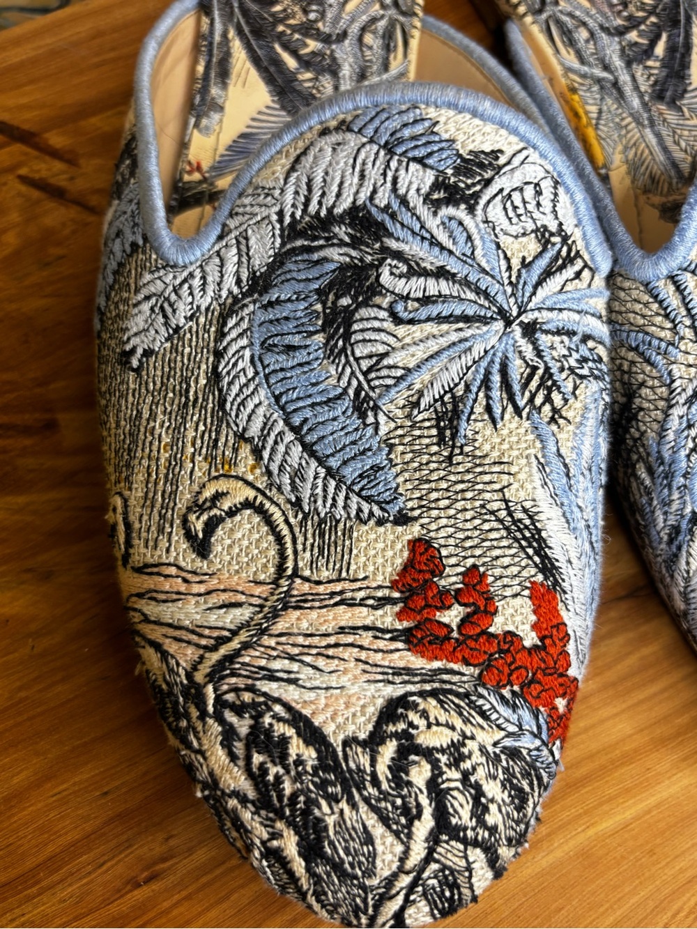 Dior Blue & Cream Embroidered Slip-On Mules with Red Floral Tropical Detail - Picture 5 of 8